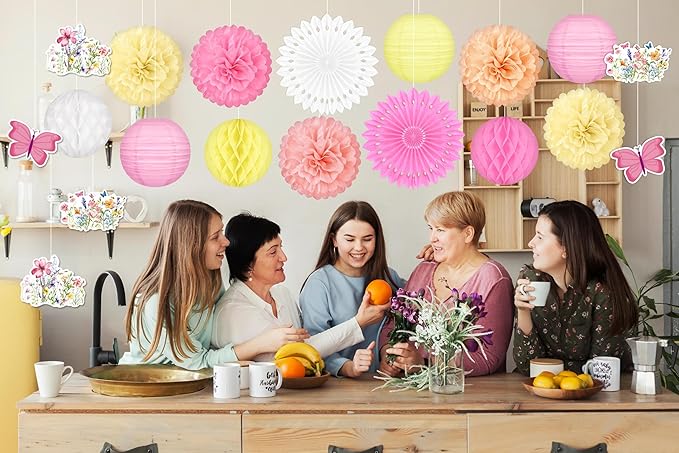 20pcs Spring Wildflower Party Decorations – Hanging Paper Fans, Pom Poms, Lanterns for Fairy Birthday, Garden Tea Party, Wedding Floral Decor, Baby in Bloom Shower