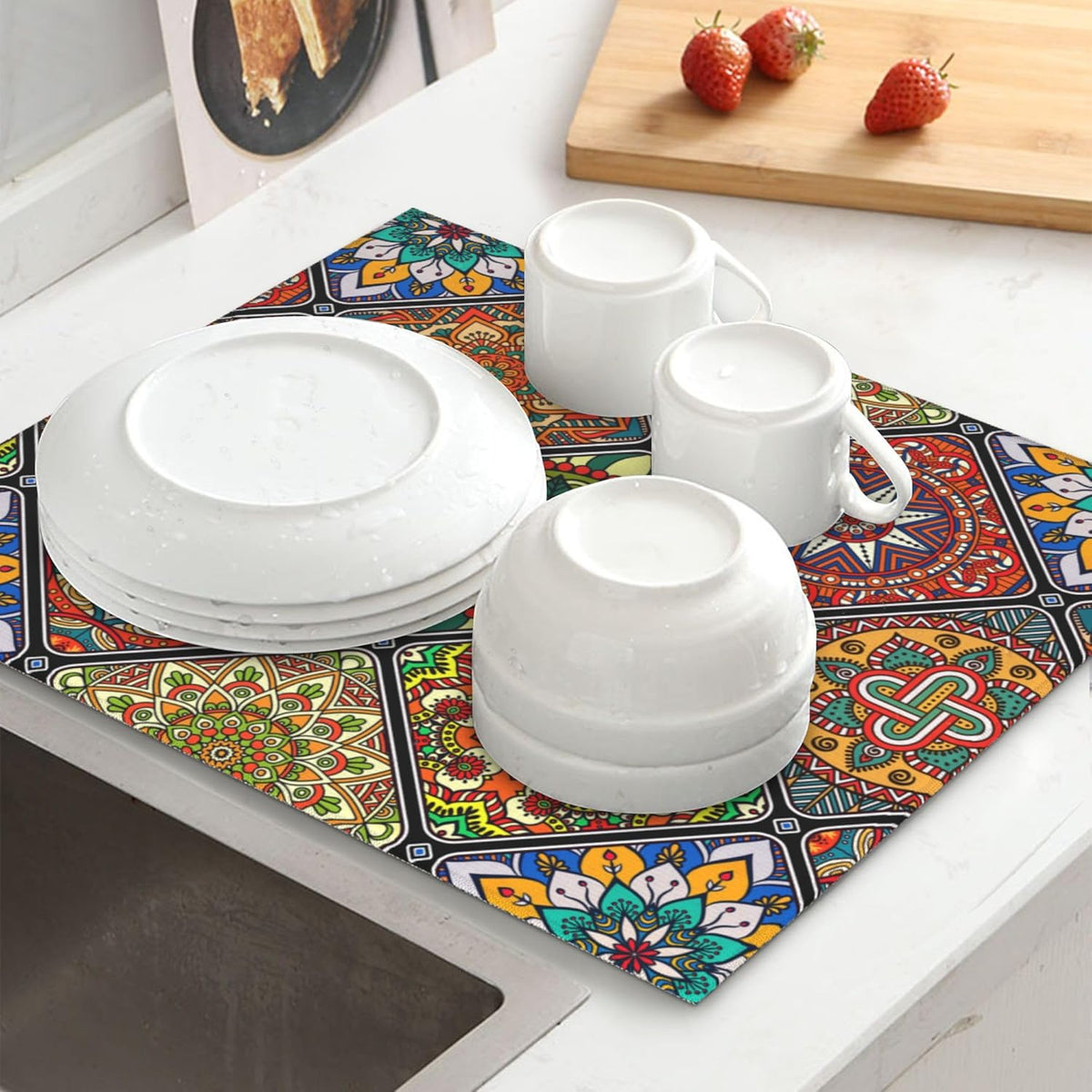 Mandala Colorful Kitchen Drying Mat Retro Microfiber Dish Drainer Mat for Kitchen Counter Boho Decor Absorbent Reusable Washable 16x18 Inch