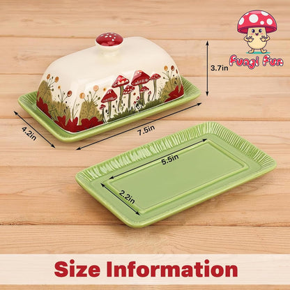 Fungi Fun Mushroom Butter Dish With Lid – Cute Cottagecore Ceramic Storage Container, Vintage French Covered Tray, Boho Farmhouse Kitchen Decor Gift, Unique Countertop Holder (White, Standard)