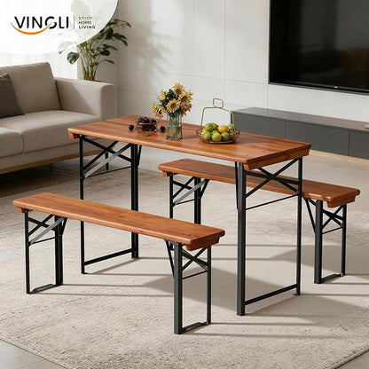 VINGLI 45 Inch Folding Picnic Tables with Benches Set, Weather-Resistant Wooden Beer Garden Table Bench, 3-Piece Portable Fold Up Camping BBQ Table,Walnut Color