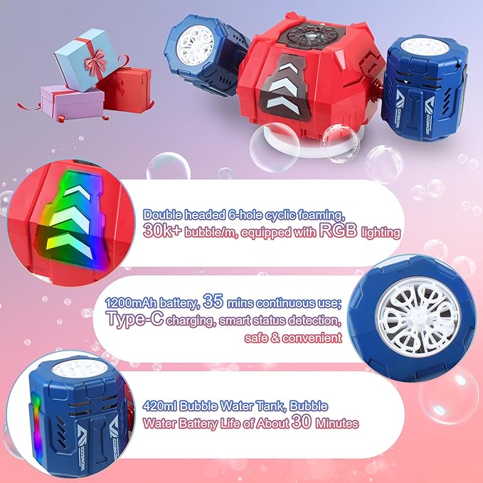 New RC Bubble Machine with RGB Lights, 360° Auto Rotation Bubbles Toy, Rechargeable Battery, Bubble Blower Maker for Kids, Parties, Birthday Gift, Weddings, Indoor Outdoor Activity, Red-Blue