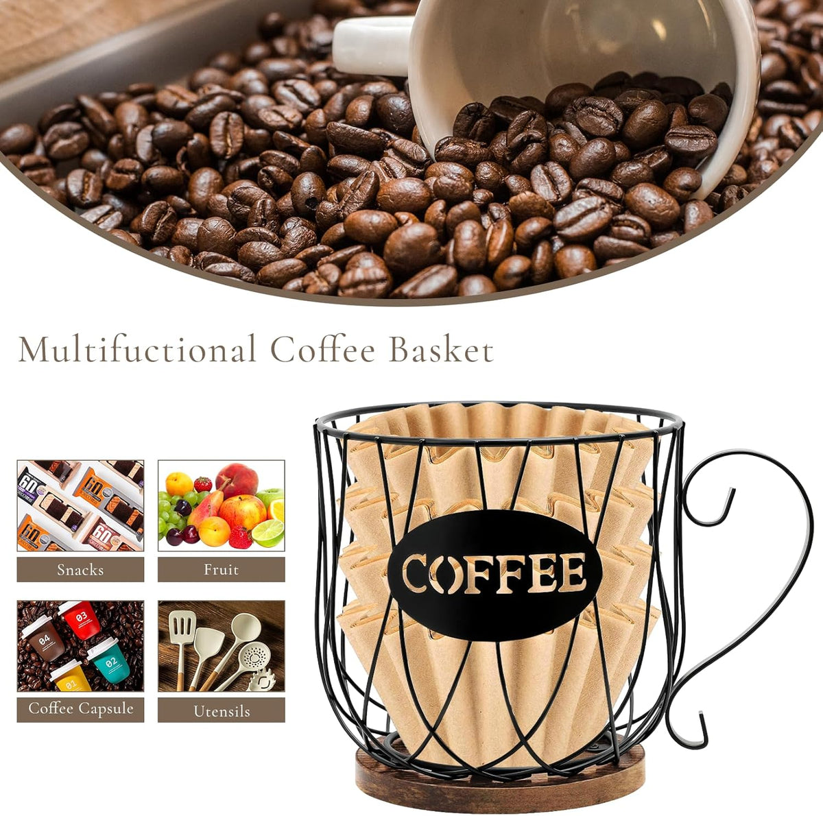 Rustic Metal K-Cup Coffee Pod Holder Mug - Large Wire Basket with Wooden Base for Countertop Coffee Storage