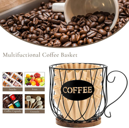 Rustic Metal K-Cup Coffee Pod Holder Mug - Large Wire Basket with Wooden Base for Countertop Coffee Storage