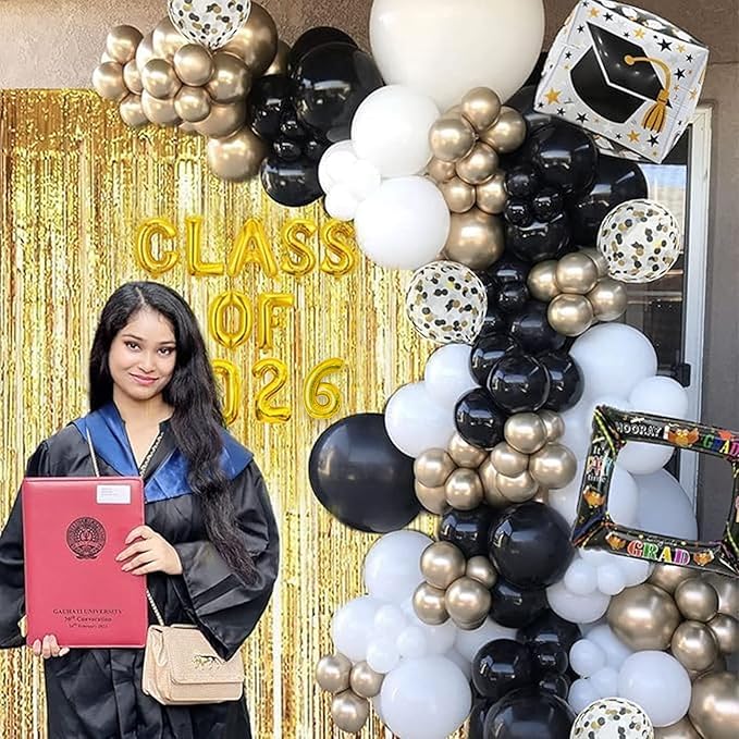 Janiuns Black and Gold Graduation Balloon Garland Arch Kit with Class of 2026 Foil Balloon & 78 Inch Foil Fringe Curtains Backdrop - 2026 Graduation Decorations with Black Gold White Grad Cap Balloons