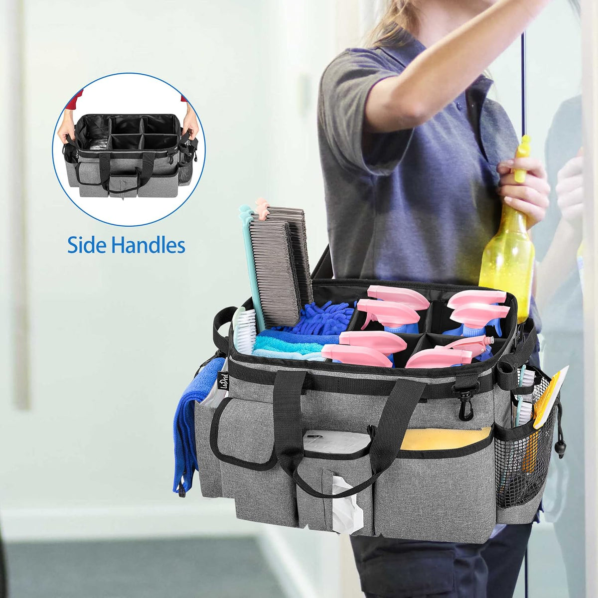 LoDrid Large Wearable Cleaning Caddy Bag with Detachable Divider, Cleaning Organizer with Handles, Cleaning Supply Tote with Adjustable Shoulder Strap for Cleaners & Housekeepers, Grey