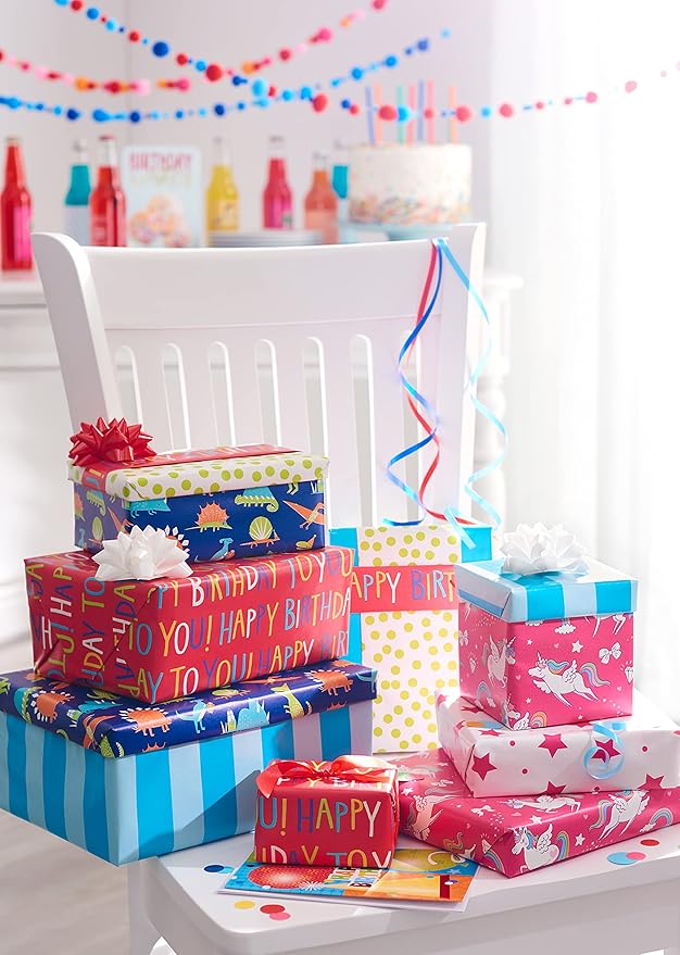 American Greetings Reversible Birthday Wrapping Paper for Kids, Dinosaurs and Unicorns (3 Rolls, 120 sq. ft)