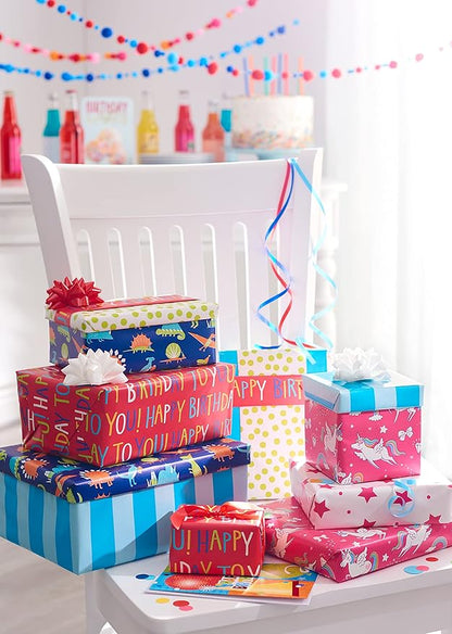 American Greetings Reversible Birthday Wrapping Paper for Kids, Dinosaurs and Unicorns (3 Rolls, 120 sq. ft)