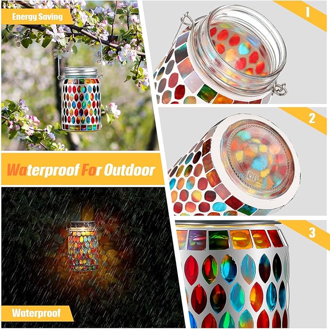 3 Pieces Solar Powered Mosaic Lights, Outdoor Hanging Solar Lantern Lamp Waterproof Table Lamp Mosaic Night Light for Tree, Garden, Patio, Party, Yard, Outdoor, Indoor Decorations (Red)