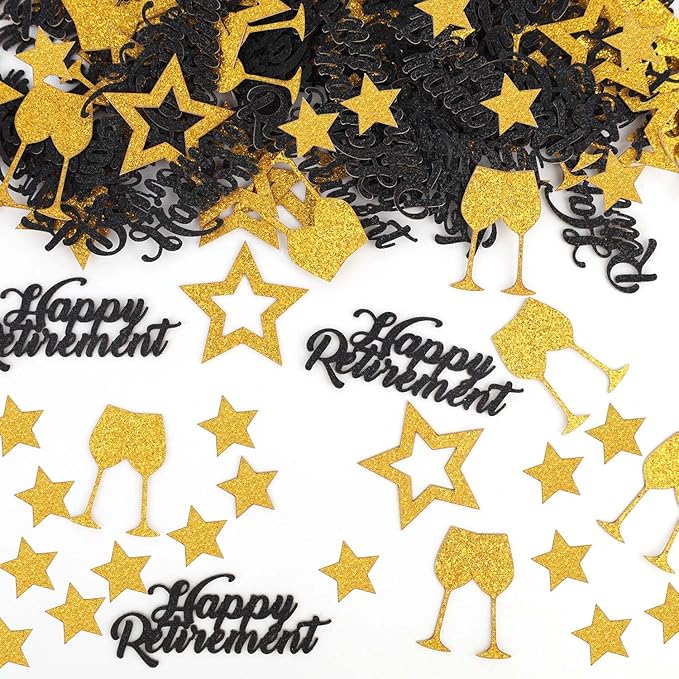 200pcs Happy Retirement Confetti, Black & Gold Table Confetti for Retirement Party Decorations Glitter Star Table Scatter for Office Farewell Party Celebration Decor Men Gifts Cake Centerpieces