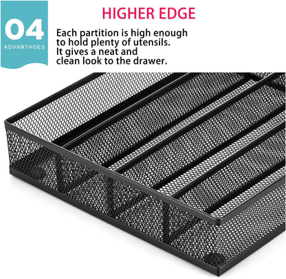 JANE EYRE Utensil Drawer Organizer, Cutlery Tray Silverware Flatware Storage Divider for Kitchen, Mesh Wire with Non-slip Foam Feet, 5 Component, Black