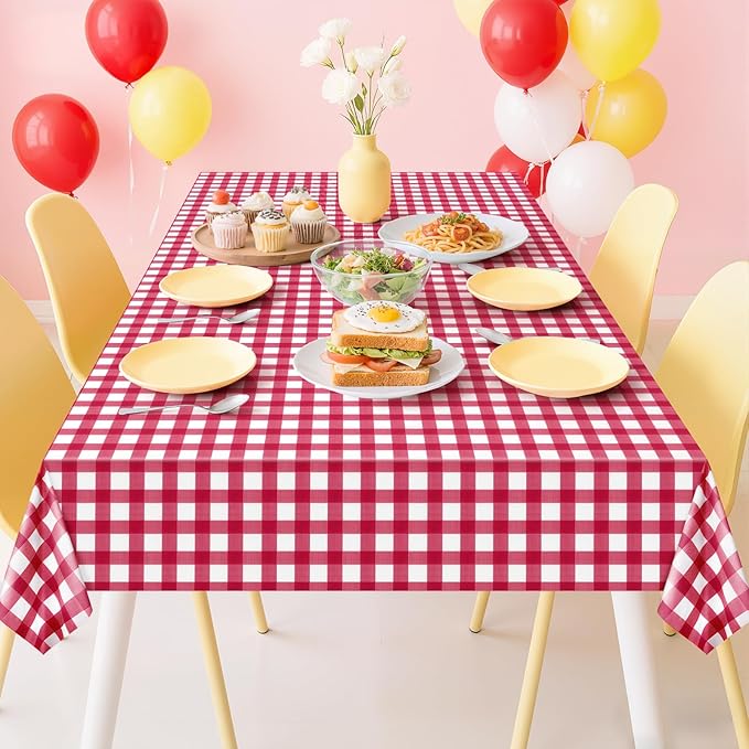 1 Pack Red Striped Gingham Tablecloths, 54 x 108 Inch Disposable Plastic Rectangle Table Covers, Waterproof Red and White Checkered Table Cloths for Picnic, Birthday, Party, Outdoor Events
