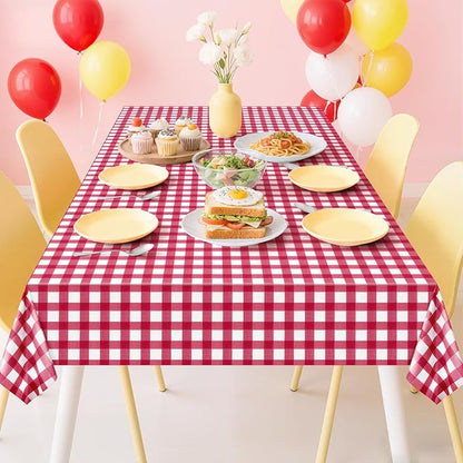 1 Pack Red Striped Gingham Tablecloths, 54 x 108 Inch Disposable Plastic Rectangle Table Covers, Waterproof Red and White Checkered Table Cloths for Picnic, Birthday, Party, Outdoor Events