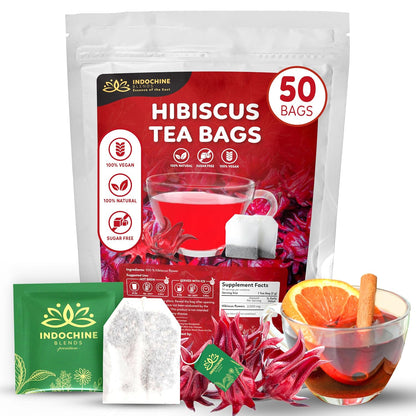 Indochine Blends Hibiscus Tea Bags, 100% Pure Hibiscus Flower, 50 Count | Jamaica Tea, Tart Fruity Flavor, Sugar-Free, Gluten-Free &amp; Vegan, Individually Wrapped, Double Chamber Teabags