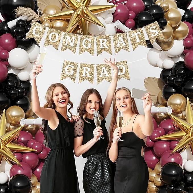 Burgundy Balloon Arch Garland Kit,Burgundy Maroon and Gold White Black Balloons Exploding Star Foil Balloons for New Year Decorations Graduation Retirement Birthday Wedding Party Supplies