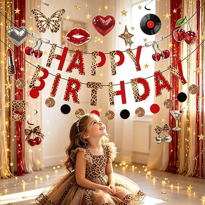 SUNBEAUTY Cheetah Birthday Party Decorations Cherry Cheetah Print Banner Leopard Hanging Swirls with Red and Black Cheetah Party Garland Foil Swirls Ceiling Safari Animal Birthday Party Decorations for Women Girls