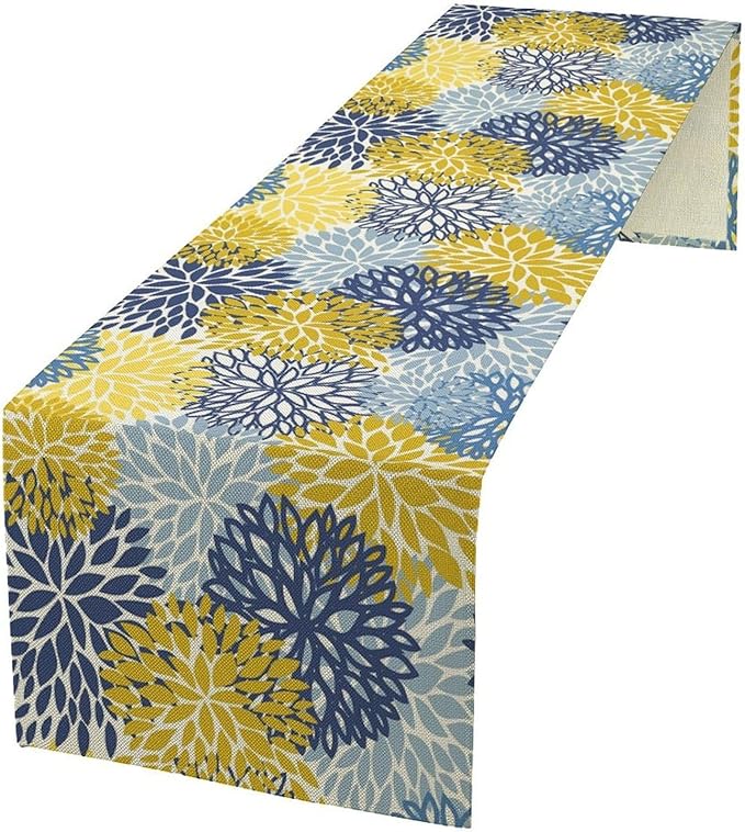 Dahlia Flower Table Runner,Blue Yellow Floral Print Table Runner for Kitchen Dining Table Dinner Holiday Home Party Indoor Outdoor Decor 13x120in