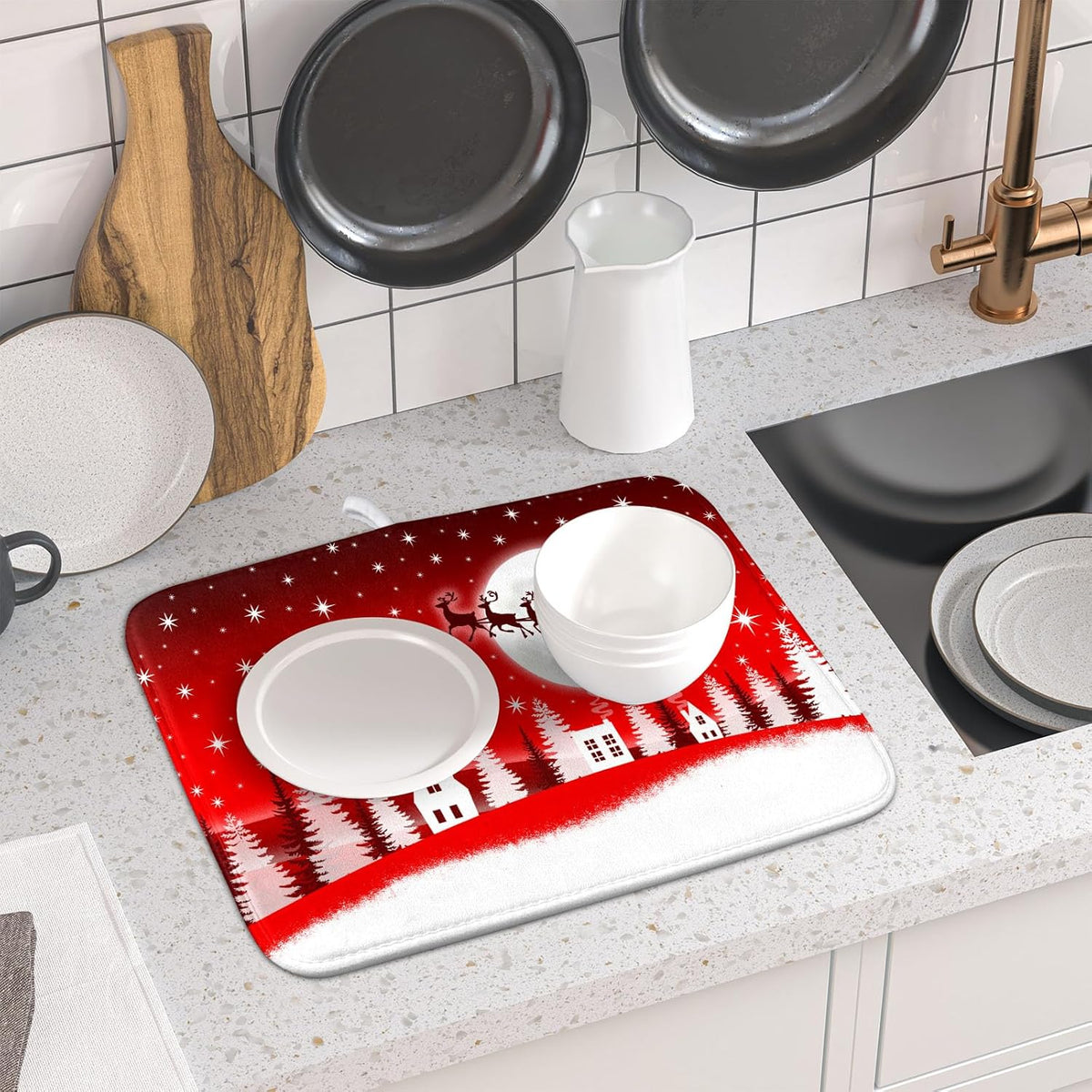 Christmas Reindeer Moon Star Red Dish Drying Mat for Kitchen Counter,White Xmas Tree Castle Drying Mat 16 x 18 Inch with Absorbent Reversible
