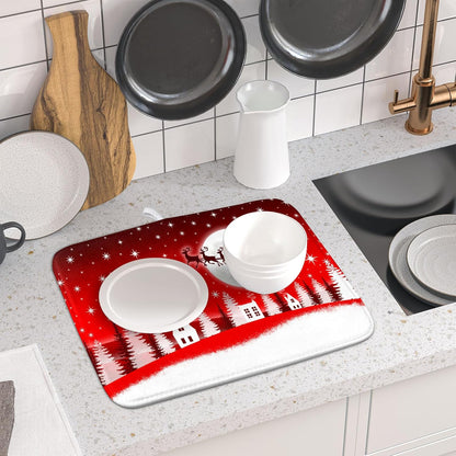 Christmas Reindeer Moon Star Red Dish Drying Mat for Kitchen Counter,White Xmas Tree Castle Drying Mat 16 x 18 Inch with Absorbent Reversible