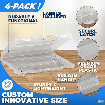 4-Pack Art & Craft Organizer Storage Case - Semi Transparent Stackable Plastic Craft Storage Container, Project Organizer Box Paper Custom Size Fit 8.5 x 11 Paper & More 12.4 x 10.8 x 1.7 In