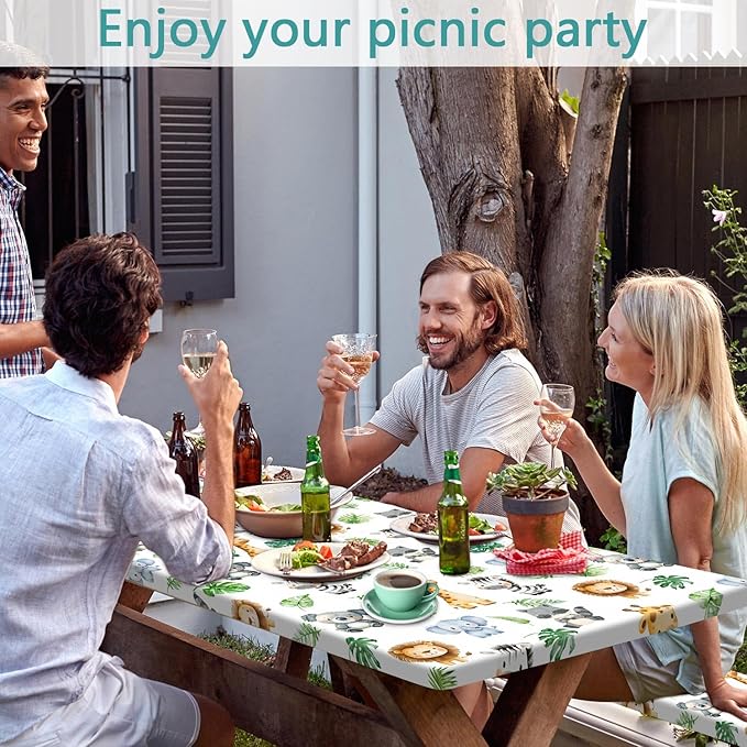 Jungle Safari Picnic Table Cover with Bench Covers, Camping Essentials, Animal Print Waterproof Windproof Table Cover, Fitted Tablecloth Cover with Elastic Edge, for Indoor & Outdoor 3 PCS 30x96 Inch