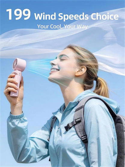 Portable Handheld Turbo Fan, 199 Stepless Speeds, 4000mAh USB Rechargeable, 12H Runtime, 2H Fast Charging, Smart Display, Emergency Flashlight, Personal Cooling Fan for Travel, Gym, Camping, Outdoors