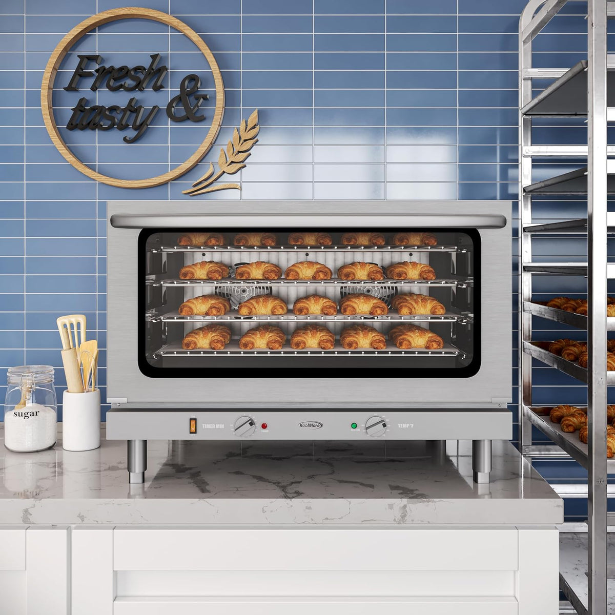 KoolMore 32 in. Commercial Countertop Convection Oven, Holds Full Size Pans, 4 Racks and 3500W of Power, 240V in Stainless-Steel, ETL Listed for Safety and Sanitation (KM-CTCO-44)