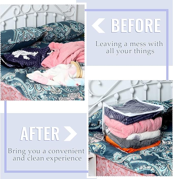 6 Packs Clear Zippered Storage Bags Sweater Moth Bags Plastic Storage for Blankets Clothes Bed Sheet Organizer with Zipper for Closet Linen Sweater Bed Sheet Clothes Pillow(12 x 12 x 12 Inch)