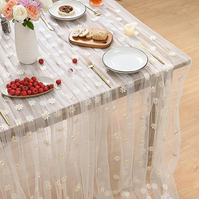 Horaldaily White Embroidery Daisy Spring Summer Gauze Tablecloth 52×70 Inch Rectangular, Seasonal Tulle Table Cover, Garden Party Decorations for Wedding, Party, Holiday Dining