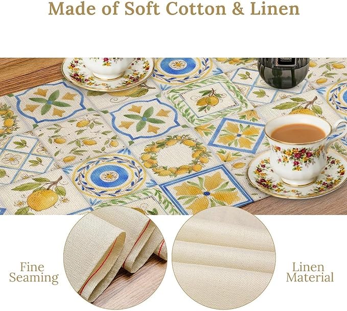 Yellow Lemon Summer Table Runner, Watercolor Spring Yellow and Blue Flower Hawaiian Style Table Runner for Holiday Party Home Kitchen Dining Table, 13x108inch