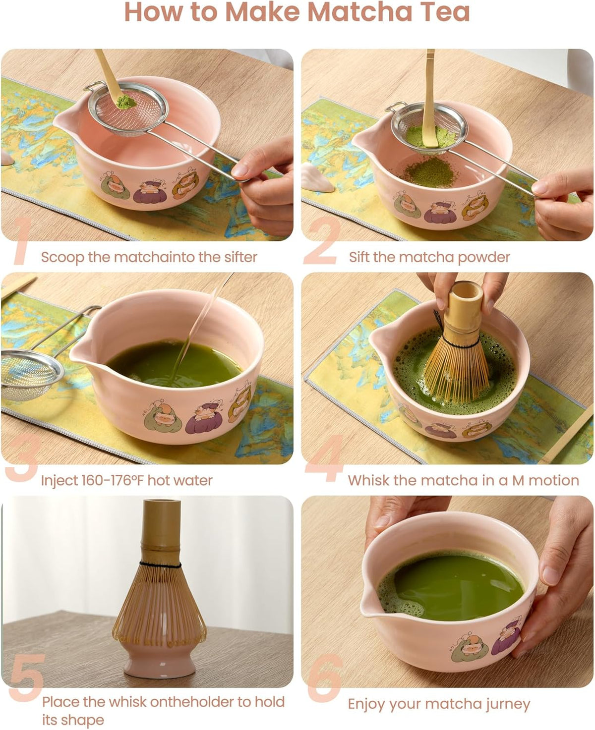 Matcha Whisk Set, 7 Pcs Pink Matcha Set Includes Matcha Bowl,Matcha Whisk and Holder, Bamboo Scoop, Scoop Rest, Sifter and Tea Towel -Matcha Kit for Matcha Lovers