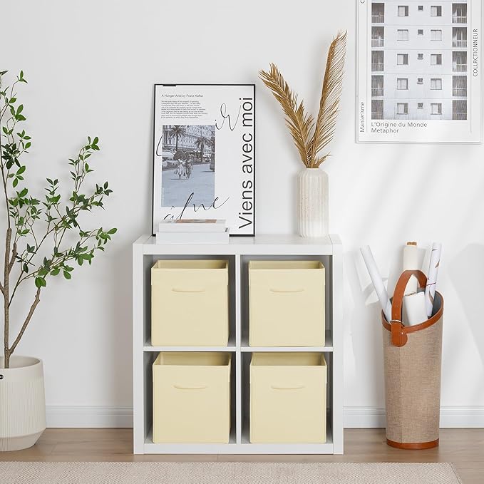 StorageWorks Beige Storage Cubes, 11 Inch Cube Storage Bins with Handle, Cube Storage Organizer Bins for Shelves and Closet, Collapsible Storage Bins, 4-Pack