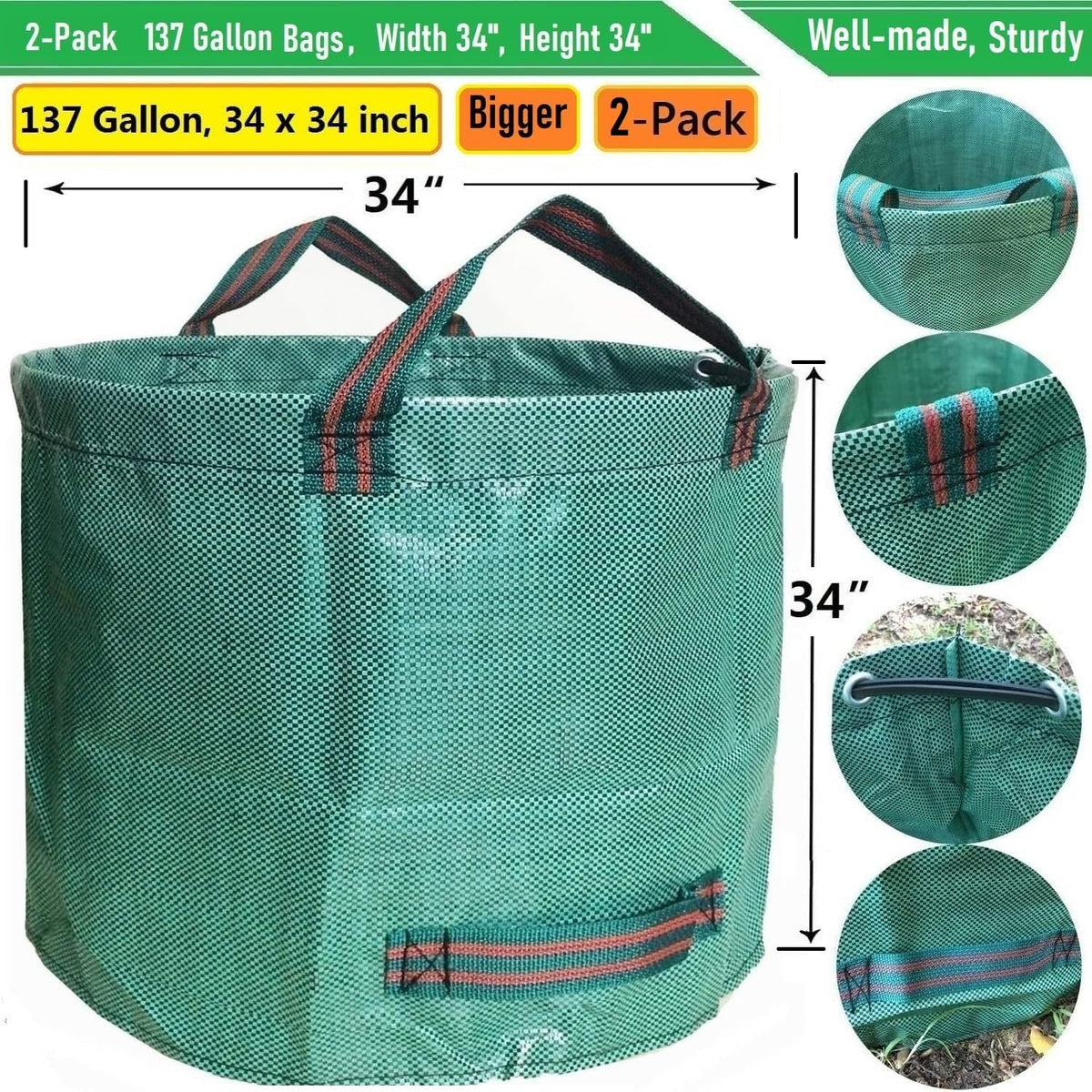 Professional 2-Pack 137 Gallon Lawn Garden Bags Large (D34,H34 inch) Yard Waste Bags w/Gardening Gloves for Big Leaf Bag,Yard Debris,Waste Container,Lawn Trash,Grass Clippings Bag,Weed Bags 4 Handles