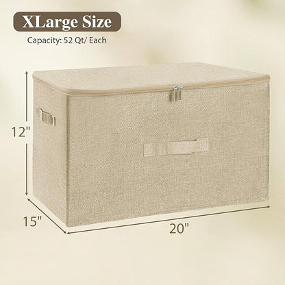 ANMINY 2PCS Storage Bins with Zipper Lids 51.9 Qt Lidded Fabric Storage Boxes Baskets Cubes with Handles Collapsible Washable Cotton Linen Closet Shelf Clothes Organizer - Beige, Extra Large