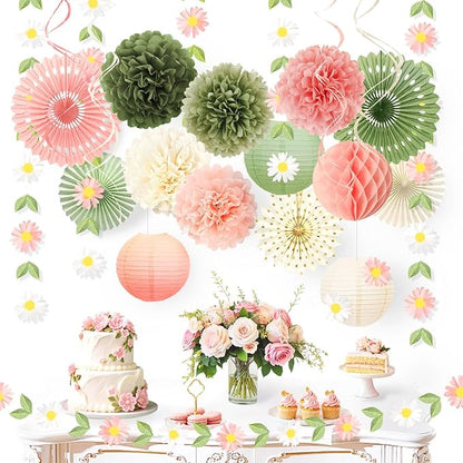NICROHOME EUR Wedding Decorations, 20 PCS Sage Green and Pink Tissue Pom Poms Paper Lanterns Paper Fans 3D Flower Garlands for Bridal Shower Baby Shower Women Girls Birthday Garden Party Decor