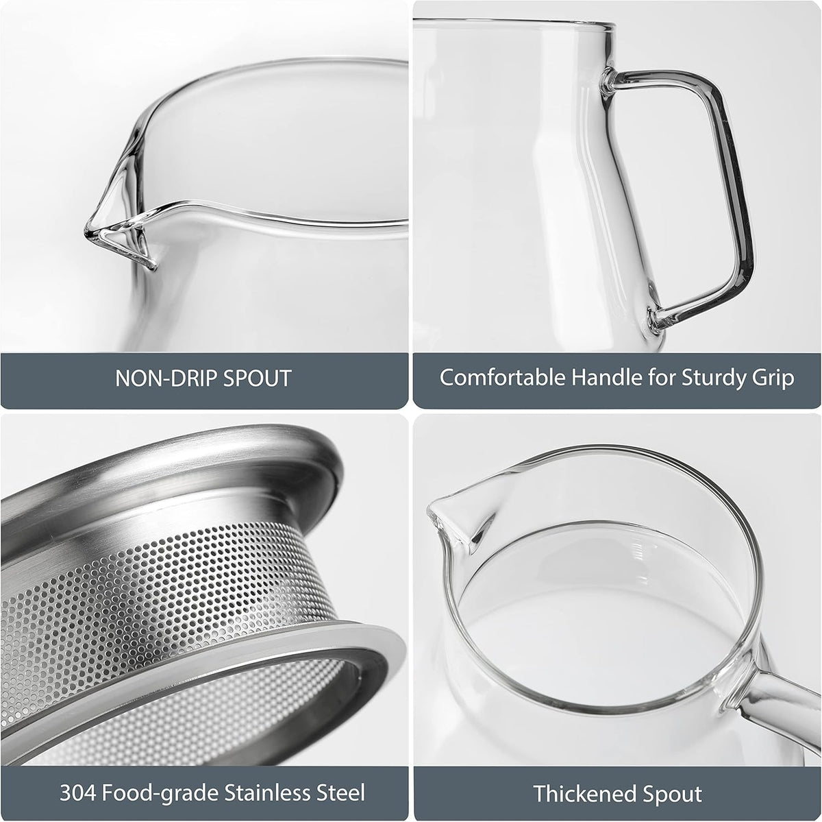 Cnglass One-Touch Glass Teapot with Stainless Steel Filter Lid,20oz(600ml) Glear Tea Kettle Stovetop Safe