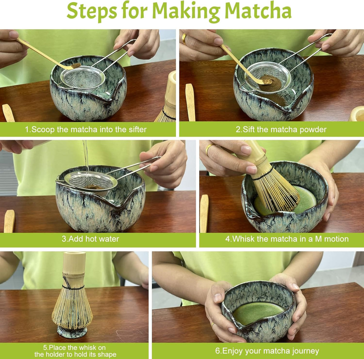 Matcha Whisk Set,6Pcs Matcha Kit Includes Matcha Whisk and Holder,Matcha Bowl with Spout,Matcha Sifter and 2Pcs Matcha Spoon