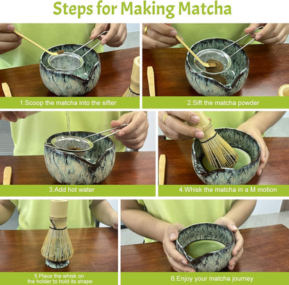 Matcha Whisk Set,6Pcs Matcha Kit Includes Matcha Whisk and Holder,Matcha Bowl with Spout,Matcha Sifter and 2Pcs Matcha Spoon