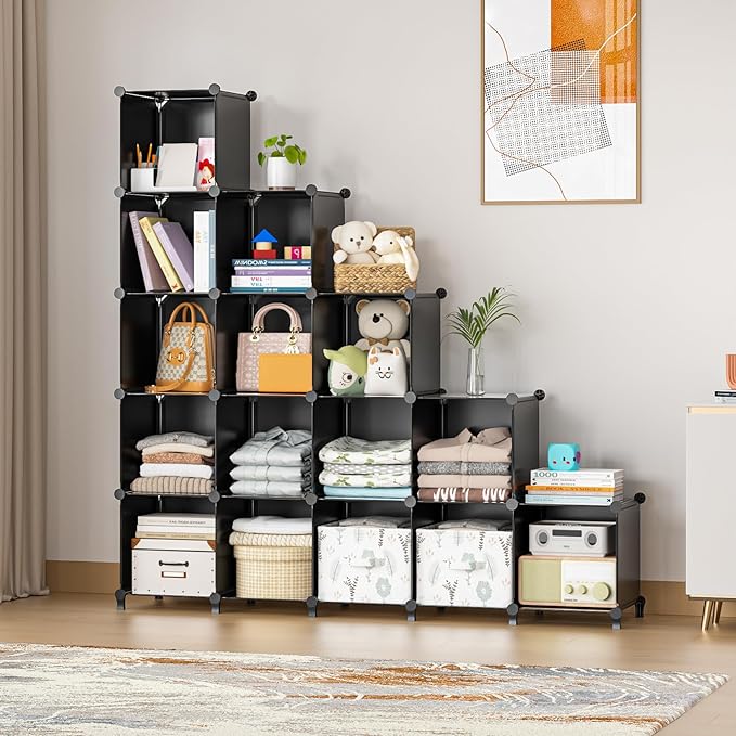 Neprock 16 Cubby Storage Organizer, Closet Clothes Storage Organizer, Cube Shelves Closet Organizers and Storage Shelves for Clothing Storage with Hammer, Bookshelf for Kids（Black）