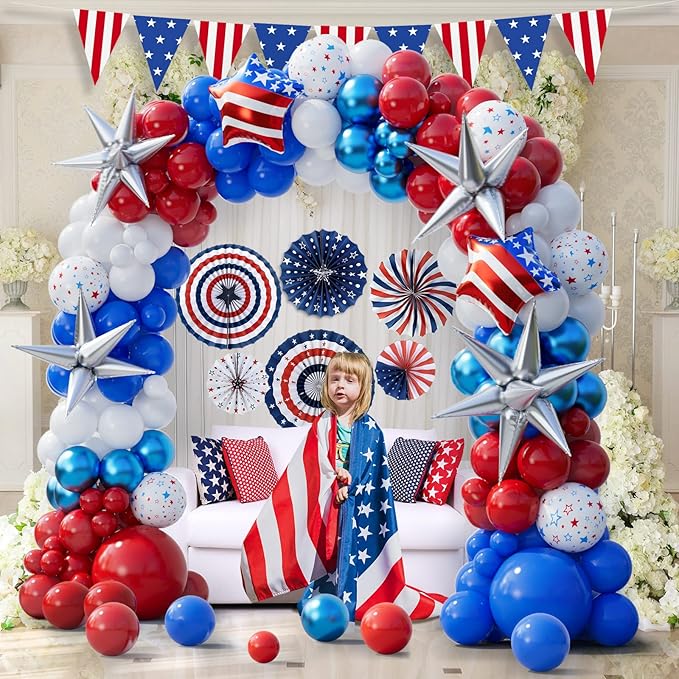 151pcs Red White and Blue Balloon Garland Arch Kit Patriotic Decorations with Exploding Star Balloons for Graduation Party Supplies Nautical Party Veterans Memorial Day 4th of July Baseball Party