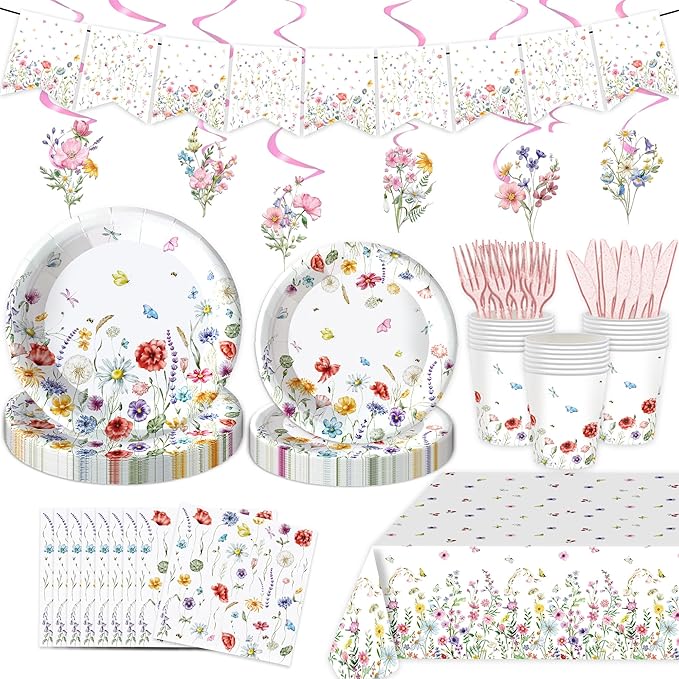 152 Pcs Spring Wildflower Party Decorations Include Plates, Napkins, Cups, Banner, Tablecloth for Floral Birthday Wedding Baby Shower Party, Serve 24