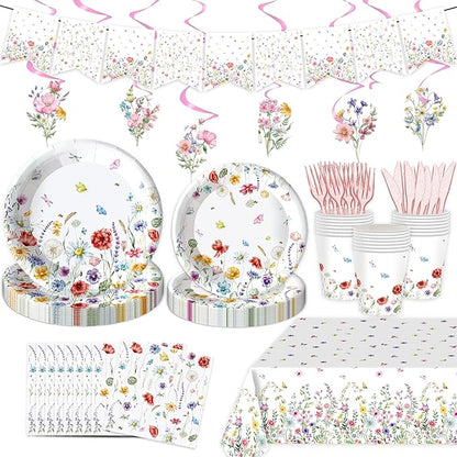152 Pcs Spring Wildflower Party Decorations Include Plates, Napkins, Cups, Banner, Tablecloth for Floral Birthday Wedding Baby Shower Party, Serve 24