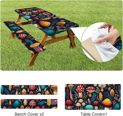 ANNA QUEEN 6FT Mushrooms Picnic Table Cover with Bench Covers Picnic Table Cover Set 3PCS 72"x30", Outdoor Bench and Tablecloth Furniture Protection