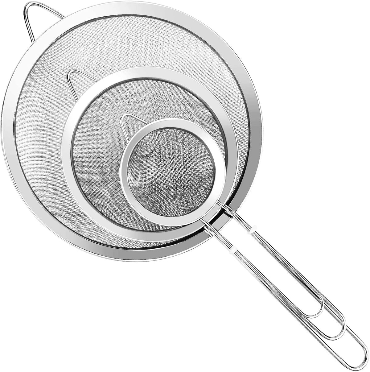 3Pcs Super Wire Extra Fine Mesh Strainer with Handle, Small Medium Large Size Sifter Metal Strainer Set