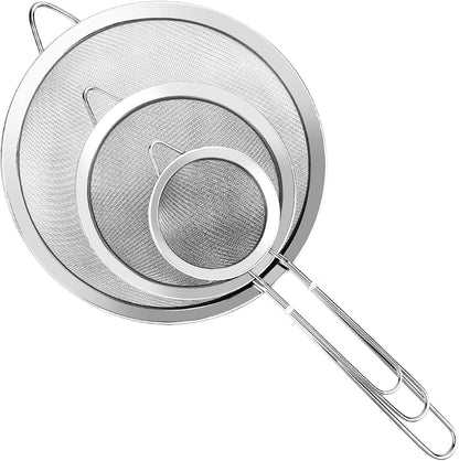 3Pcs Super Wire Extra Fine Mesh Strainer with Handle, Small Medium Large Size Sifter Metal Strainer Set
