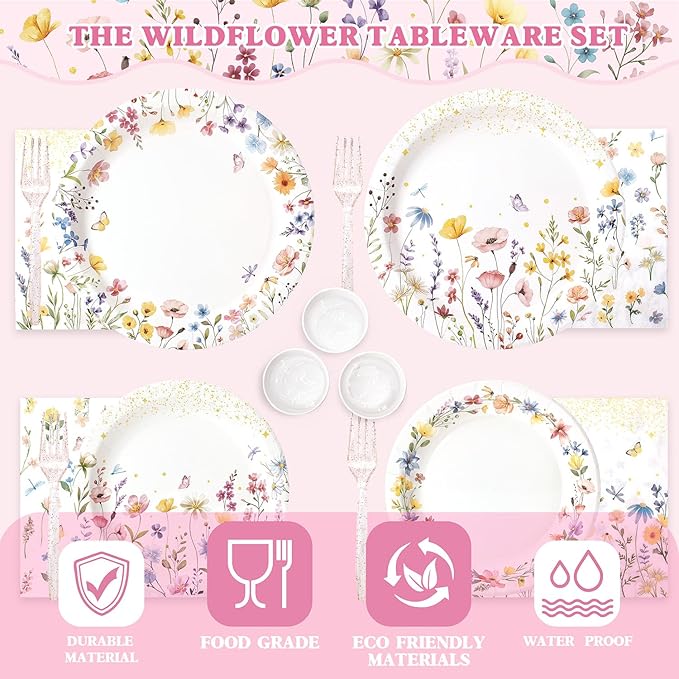 Kinovo 202PCS Wildflower Party Decorations Set with Banner, Balloons, Plates, Cups, Napkins, Tablecloth & Cutlery - Floral Baby Shower Birthday Supplies for 24 Guests