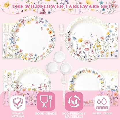 Kinovo 202PCS Wildflower Party Decorations Set with Banner, Balloons, Plates, Cups, Napkins, Tablecloth & Cutlery - Floral Baby Shower Birthday Supplies for 24 Guests