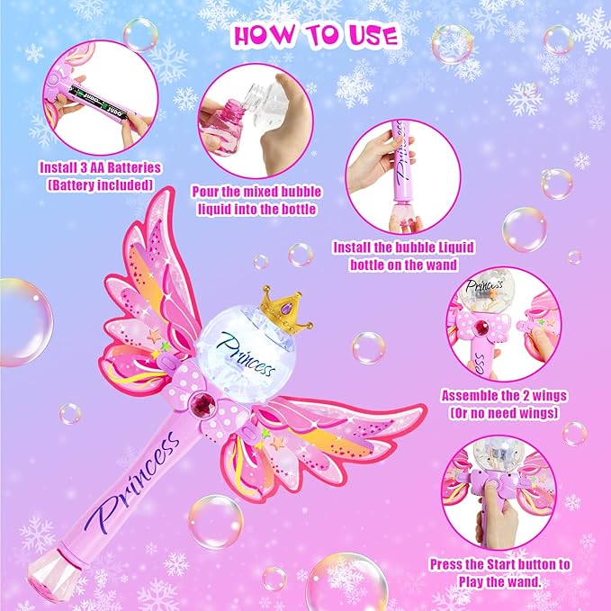 Princess Bubble Wand,Bubble Machine for Kids Girls,Music & Light Up Bubble Blower,Bubble Maker,Outdoor Party Birthday Bubble Toy for Toddlers,Gift for Girls Age 3 4 5 6 7 8 Years Old.(Pink)