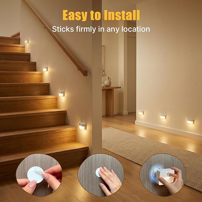 6 Pack Rechargeable Motion Sensor Stair Lights Indoor, Automatic Activated LED Night Light Wireless Battery Powered Portable Hallway Step Toilet Closet Lamp for Bedroom Kitchen ﻿