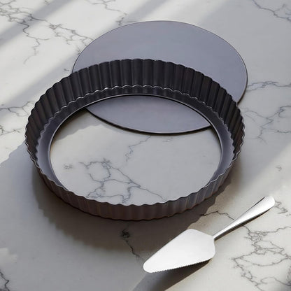 9 Inch Quiche Tart Pans with Pie Cake Server. Removable Bottom, Non-Stick Coating, Rugged Carbon Steel for Tart Quiche Baking