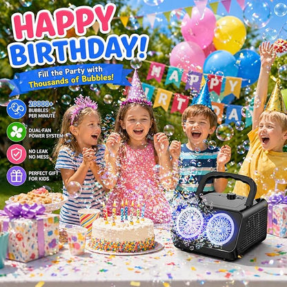 SHCKE Automatic Bubble Machine Upgrade Bubble Blower with 2 Fans,20000+ Bubbles Per Minute, USB-C or Battery Powered,Sealed Bottle, Portable Bubble Maker for Birthday Party Pool Wedding Outdoor